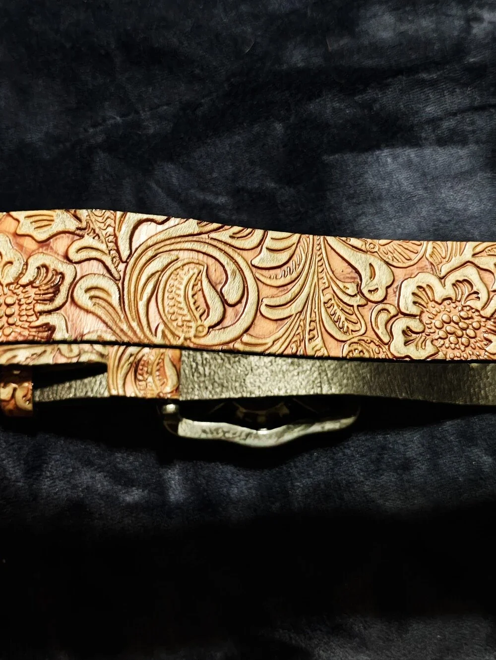 Vintage 90s Streets Ahead Leather Belt Large Western Tooled Coral Rhinestone